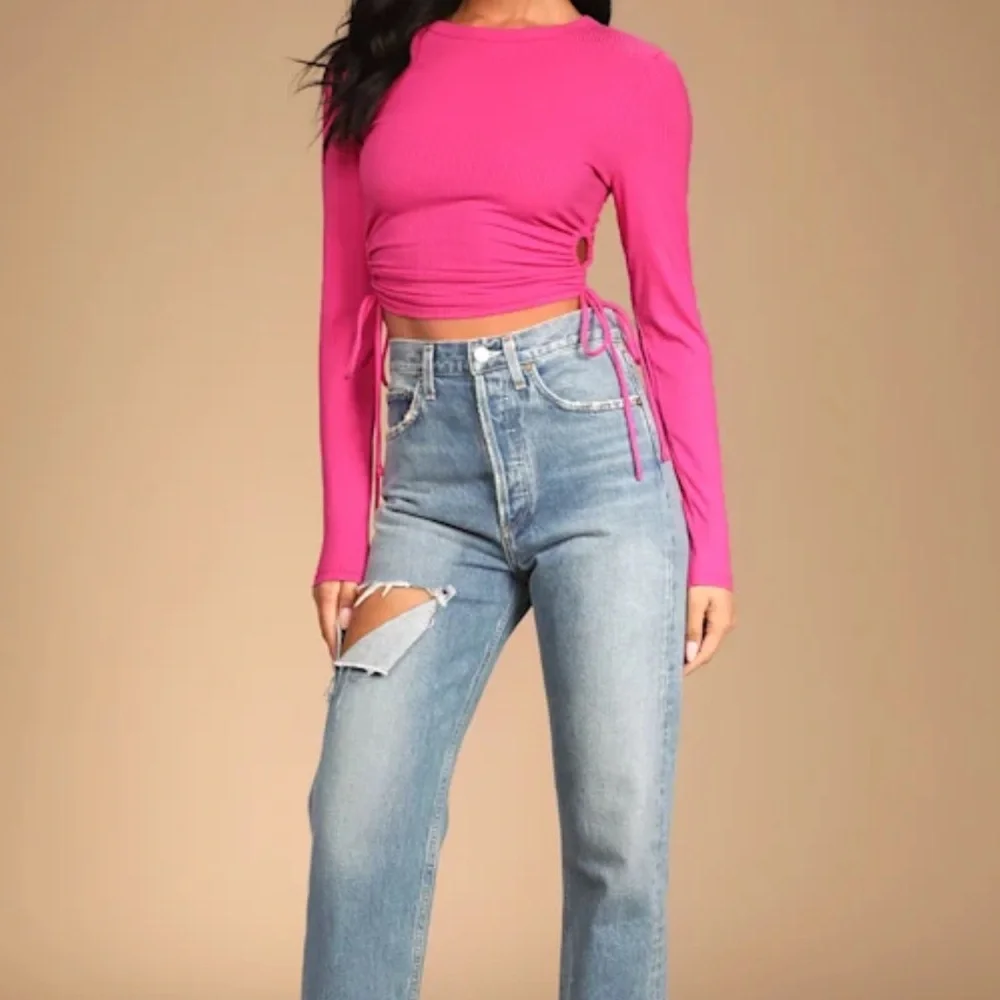 LULUS Magenta Drawstring Ruched Cutout Long sleeve Top